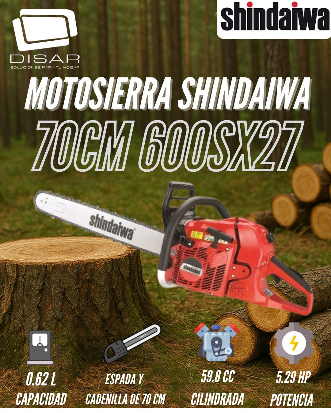 MOTOSIERRA SHINDAIWA CON BARRA Y CADENA 70CM 600SX27